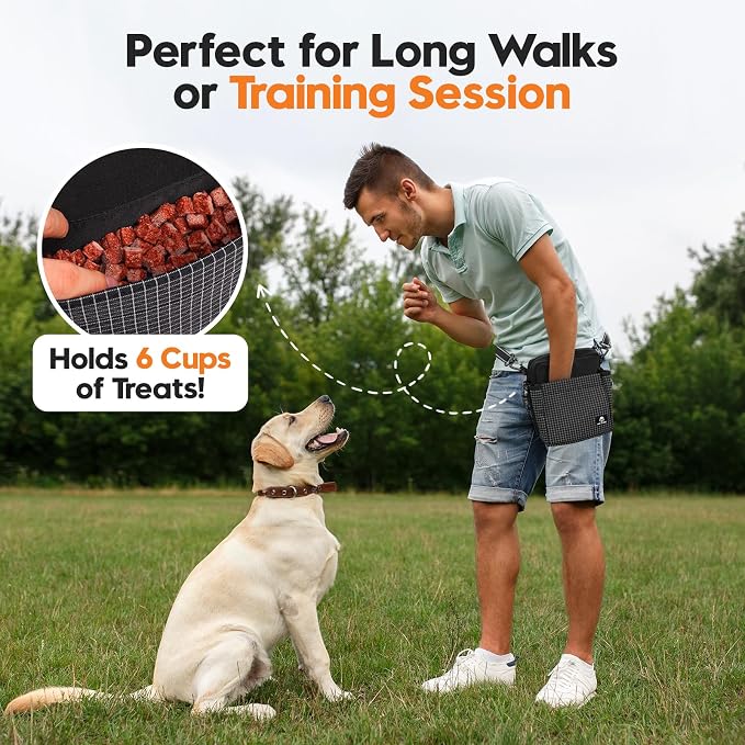 Dog Treat Pouch for Training, Magnetic Dog Walking Bag and Fanny Pack | Large treat pocket with poop bag dispenser, clicker and bowl; hands-free for dog training, walks, park trips and travel