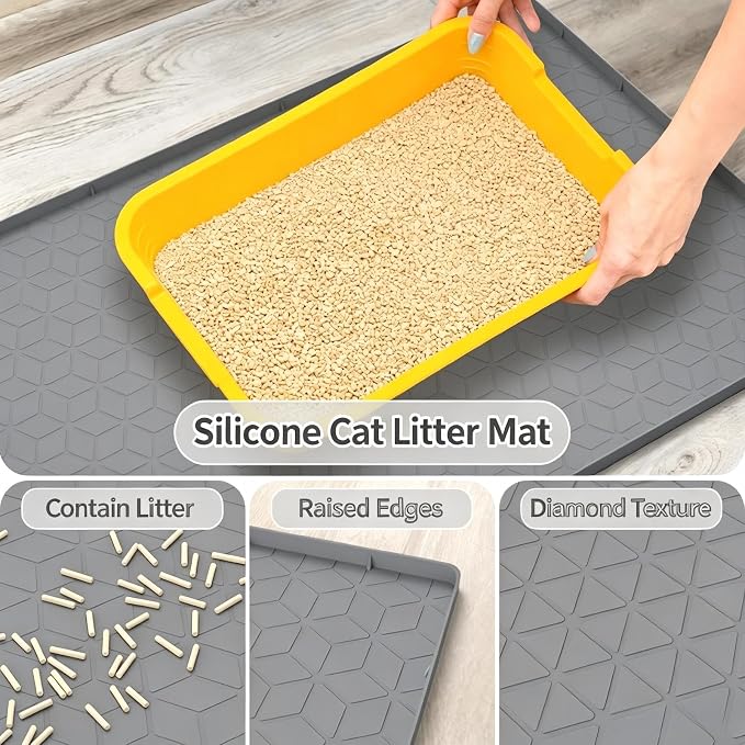 Large Silicone Cat Litter Mat 34*22Inch, Waterproof Washable Kitty Pad | Urineproof Litter Trapping Mat For Cat Easy to Clean Non-Slip Soft On Kitty Paws Protects Floors Mat For Washing Machine