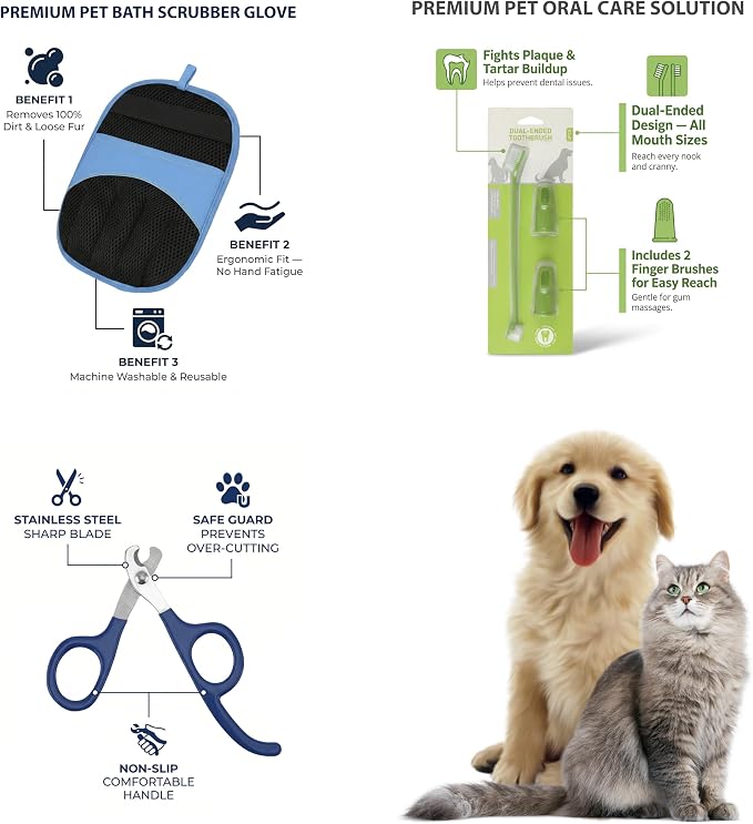 Double Pet Grooming Glove Set - 2 Pack Pet Hair Removal Glove with Free Nail Clippers & Pet Dental Kit for Dogs and Cats