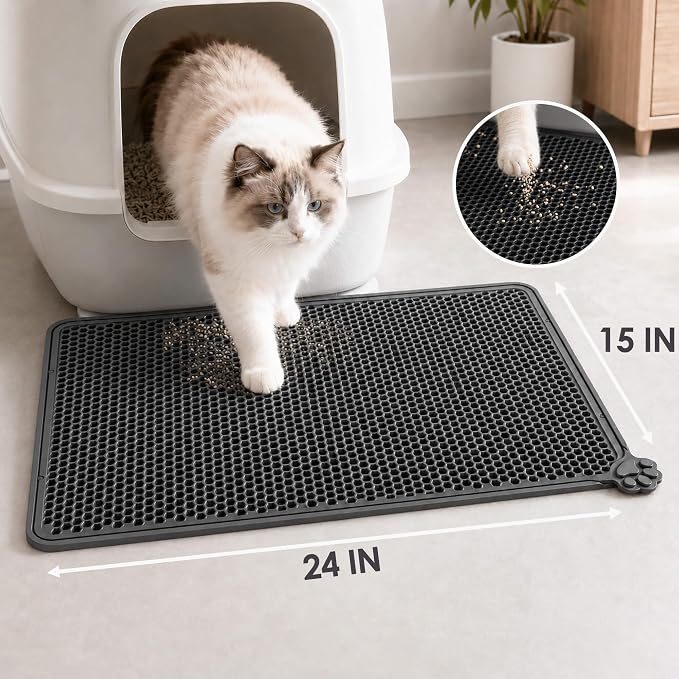 Silicone Cat Litter Mat 24x15" Double Layer Honeycomb Non-Slip | Food-Grade, Machine Washable, Anti-Crease, Claw-Proof, Raised Edges, 24 x 15‘’ Fits Standard Box, Soft on Paws
