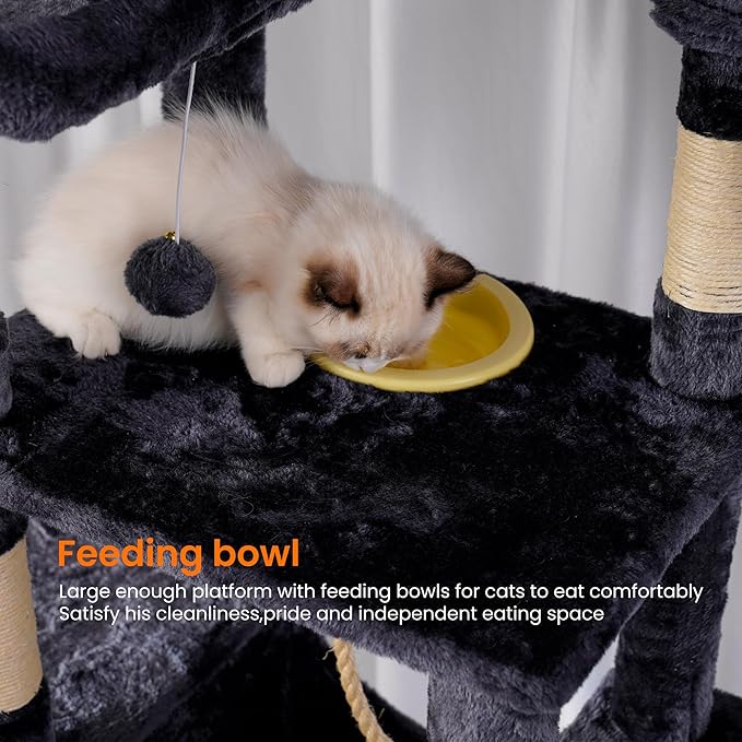 Heybly Tall Cat Tree 78-inch Multi-Level Cat Tower for Indoor Cats HCT033G | Cat Condo with 2 Widened Plush Perches, Multi-Level Cat Furniture with Scratching Board, Big Caves, Smoky Gray