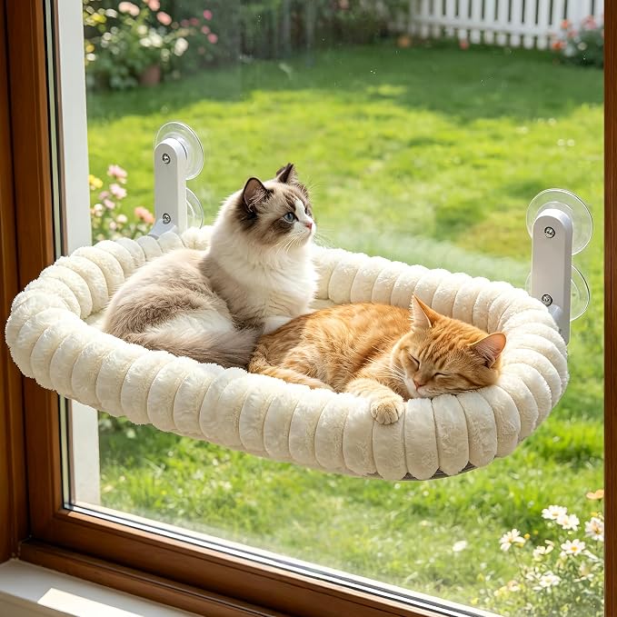 AMOSIJOY Cordless Cat Window Perch, Window Hammock for Cats with 4 Strong Suction Cups, Solid Metal Frame and Cushion Bed Cover, Indoor Cat Bed (XL,Stripe)
