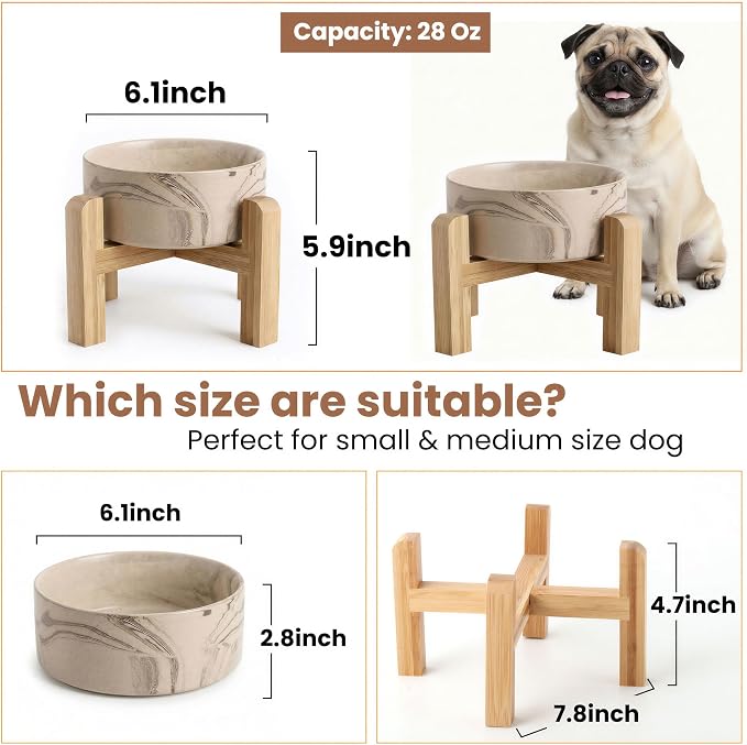 hjn Elevated Ceramic Dog Bowl with Bamboo Stand, Raised Pet Feeding Station for Small Medium Dogs Cats, Modern Design with Anti-Slip Base (Marble Brown, 3.6Cup)