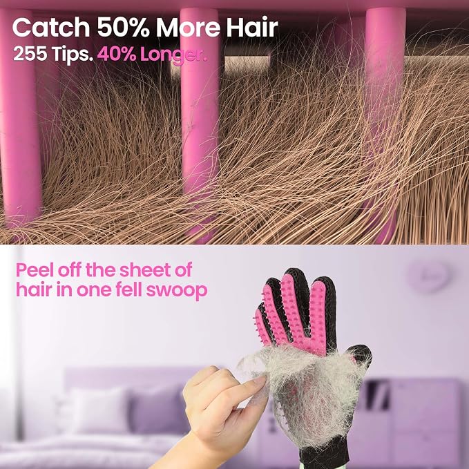 Pet Hair Removal Glove with 255 Silicone Tips for Dogs & Cats, 1 Pair Pink | 2-in-1 Deshedding & Massage Mitt, 5-Finger Flexible Design, for Bathing & Grooming, Safe for Long/Short/Curly Hair Pets