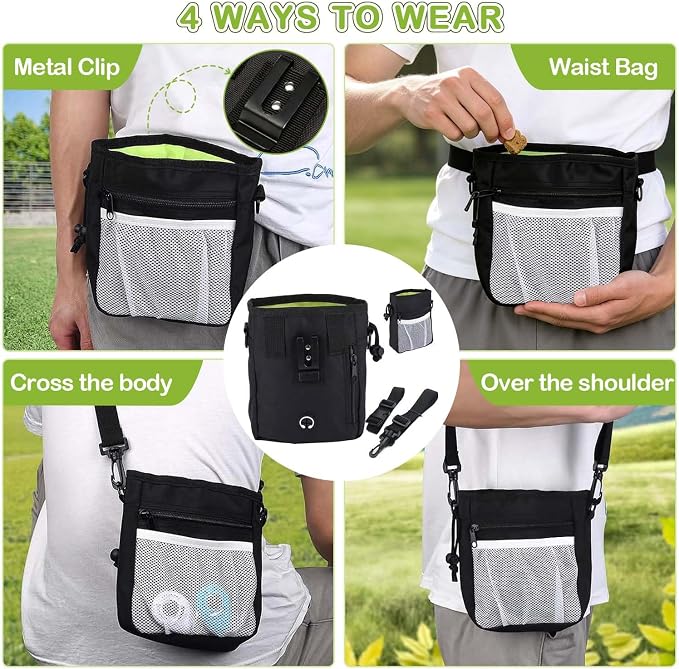 JIURUN 3-in-1 Dog Treat Pouch for Training, Hands-Free Dog Training Treat Bag with Clicker & Poop Bag Dispenser, Adjustable Waist Pack with Belt Loop Clip for Dog Walk, Park, Outdoor Essentials