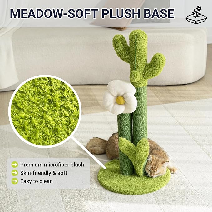 Happi N Pets 33" Tall Cactus Cat Scratching Post for Large Cats, Heavy Duty Double Scratch Posts with Flower & Crinkle Leaves, Cactus Cat Tree with 2 Bonus Toy & Catnip, Green Stable Scratching Post