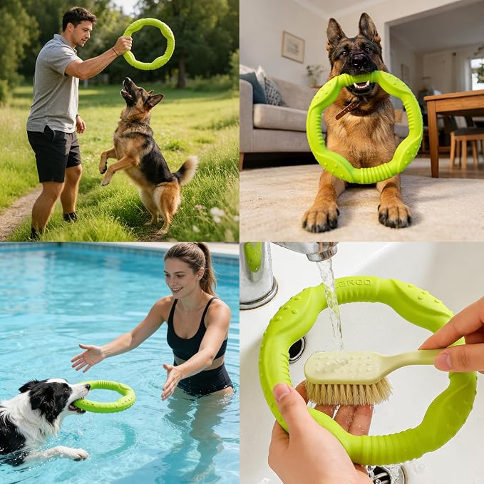 LaRoo Dog Toys for Medium/Large Dogs, Floatable Dog Flying Discs 3 Sizes Pool Toy, Interactive and Tug of War Ring Toy, Funny Fetch Teething Toys (Green, 11.8“)