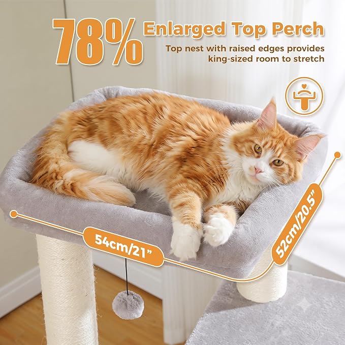 PAWZ Road Large Cat Tree, 45" Heavy Duty Cat Tower with Dual Condos, 3 Thick Full Wrapped Sisal Posts(φ4.3), Spacious Top Perch, Scratching Ramp for Large Cats,Gray