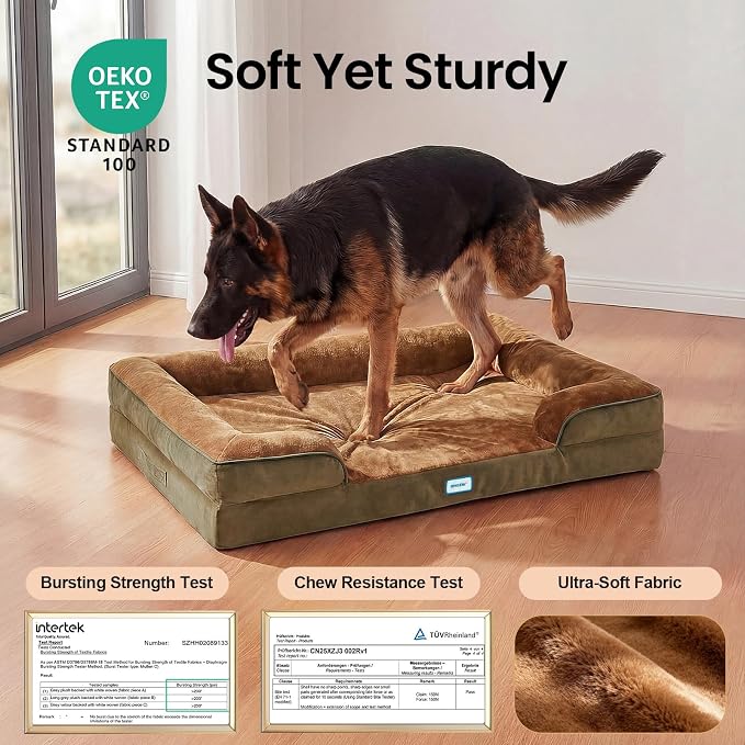 OhGeni Orthopedic Dog Bed Couch Big Cat Sofa for Extra Large Sized Pets with Memory Foam, Machine-Washable Waterproof Removable Cover, Soft Comfortable Fabric, 44-inch (Brown)