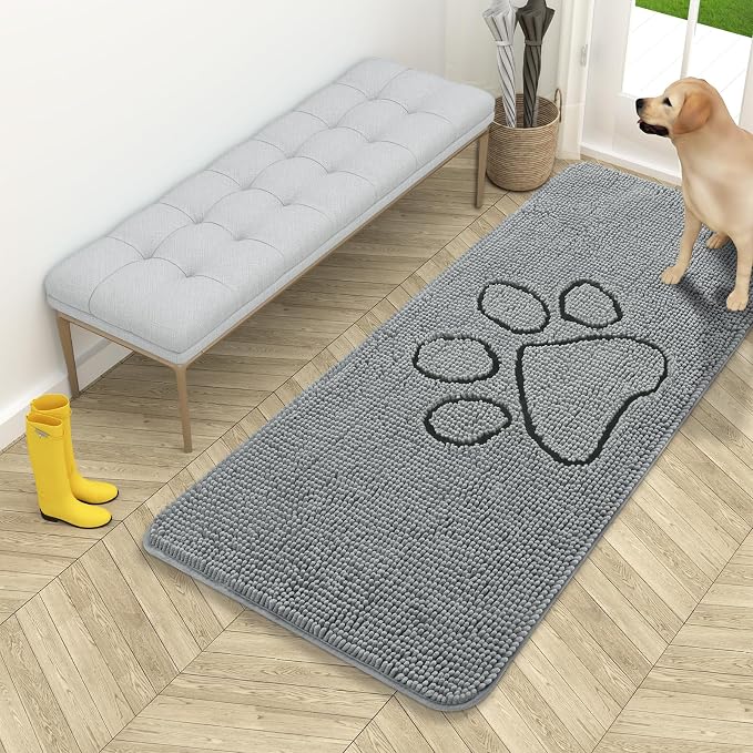 OLANLY Dog Door Mat for Muddy Paws 54x24, Paw Print Design Chenille Mud Mat | Grey, Super Absorbent, Traps Moisture and Dirt, Non-Slip Washable Doormat, Quick-Drying Indoor Entryway Floor Carpet for Dogs