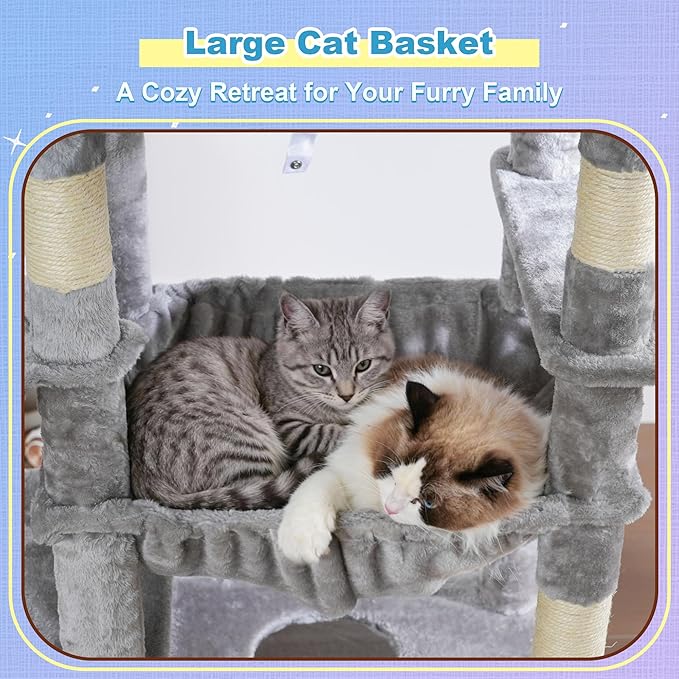 Hey-brother Cat Tree Tower with Extra Large Platform and Basket, MPJ080W | 71.7 Inches Scratching Posts with Specious Condo, 2 Cozy Hammocks, Scratch Board for Indoor Adult Cats, Maine Coon Light Gray