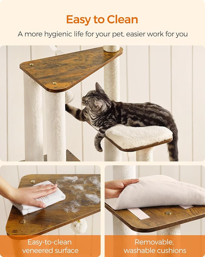 Feandrea Cat Tree, 64.6-Inch Modern Cat Tower, Multi-Level Condo with 5 Scratching Posts, Perch, Washable Removable Cushions, Cave, Rustic Brown UPCT166X01 | Modern Cat Condo for Indoor Cats, Perch, Washable Removable Cushions, Rustic Brown, CAEN Colle...