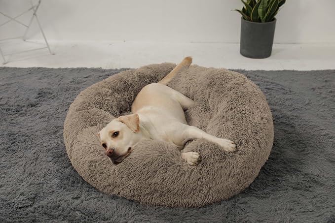 HACHIKITTY Calming Donut Cuddler Dog Bed, Round Fluffy Pet Bed with Sewn-in Cushion for Large Dogs,Washable, Large, Taupe, 30''