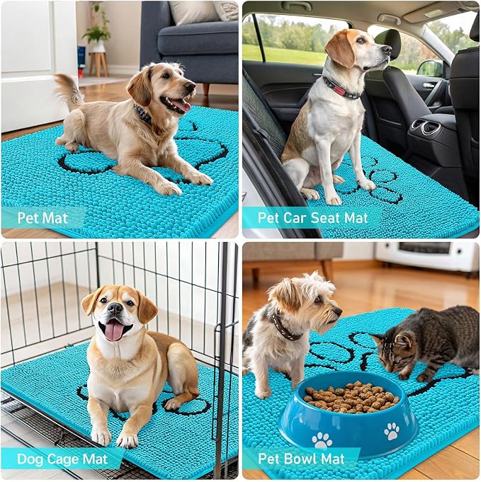 OLANLY Dog Door Mat for Muddy Paws 36x24, Paw Print Design Chenille Mud Mat | Aqua Blue, Absorbent, Traps Moisture and Dirt, Non-Slip Washable Doormat, Quick-Drying Indoor Entryway Floor Carpet for Dogs