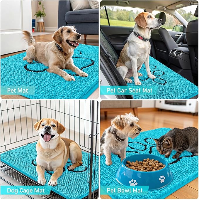 OLANLY Dog Door Mat for Muddy Paws 30x20, Paw Print Design Chenille Mud Mat | Aqua Blue, Absorbent, Traps Moisture and Dirt, Non-Slip Washable Doormat, Quick-Drying Indoor Entryway Floor Carpet for Dogs