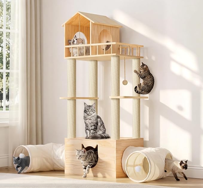 Wood Cat Tree with 2 Tunnels, 61''H Cat Tower for Adult Large Cats | Sturdy & Durable Pet Climbing Systems for Indoor, Multi-Level Wooden Tower with Scratching Posts, Runway, Burlywood