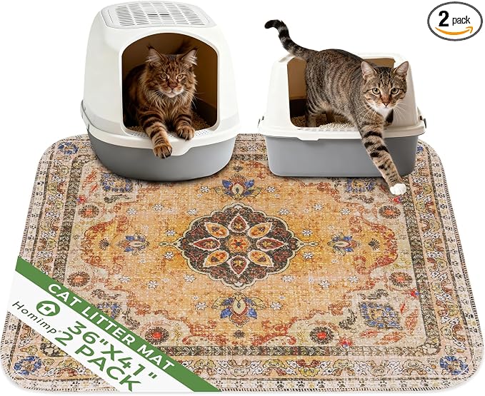 Homimp Cat Litter Mat, Litter Trapping Mat 2 Pack, Contains Mess from Box, Protects Floors,Urine Waterproof,Non-slip,Less Waste Cat Litter Box Mat,Soft on Kitty’s Paws,Washable,Absorbent,Khaki 36"X41"