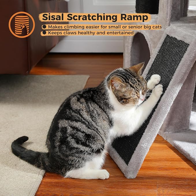 Cat Tree for Indoor Cats Adult, 45-Inch Heavy Duty Cat Tower with Sisal Scratching Ramp, 2 Cat Condo for Extra Large Cats, Big Top Perch, 3 Thick Black Scratching Posts (φ4.3) -Gray