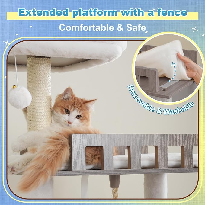 Hey-brother Wooden Cat Tree, Furniture Tower with Large Platforms, MPJ121SG | 69.7 inch, Modern Full Sisal Scratching Posts, Hammocks, Spacious Condo, Ladder, Brush, Water Proof Surface, Rustic Gray