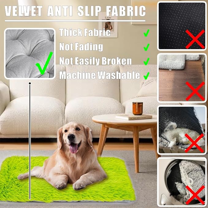 Machine Washable Dog Bed, Deluxe Plush Dog Crate Pad and Cat Bed, Anti-Slip Bottom Kennel Pad Mat, Fuzzy Pet Beds for Large, Medium, Small Dogs Breeds (Grass Green, 24.0"L x 18.0"W x 3.0"Th x 2 PACK)