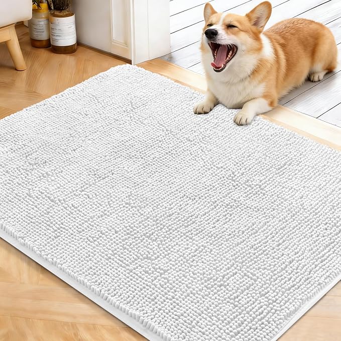 OLANLY Dog Door Mat for Muddy Paws 40x32, Super Absorbent Chenille Mud Mat | White, Absorbs Moisture and Dirt, Non-Slip Machine Washable Doormat, Quick-Drying Indoor Entryway Floor Carpet for Dogs