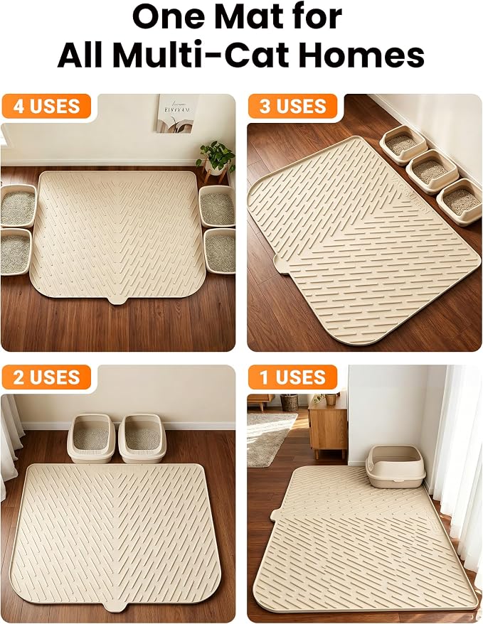 Cat Litter Mat, 47"x37" Extra Large Litter Box Mat, Silicone Mat, Beige | Waterproof Litter Trapping Mat for Scatter Control, Soft on Cat Paws Non-Slip Easy to Clean