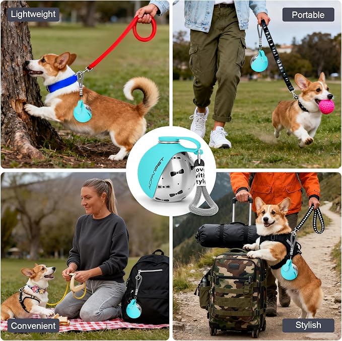 Portable Dog Water Bottle 10oz Stainless Steel Travel Dog Water Dispenser with Bowl No-Spill Puppy Water Bottle for Walking Hiking Small Dog Water Bottle (Blue Bow Print)