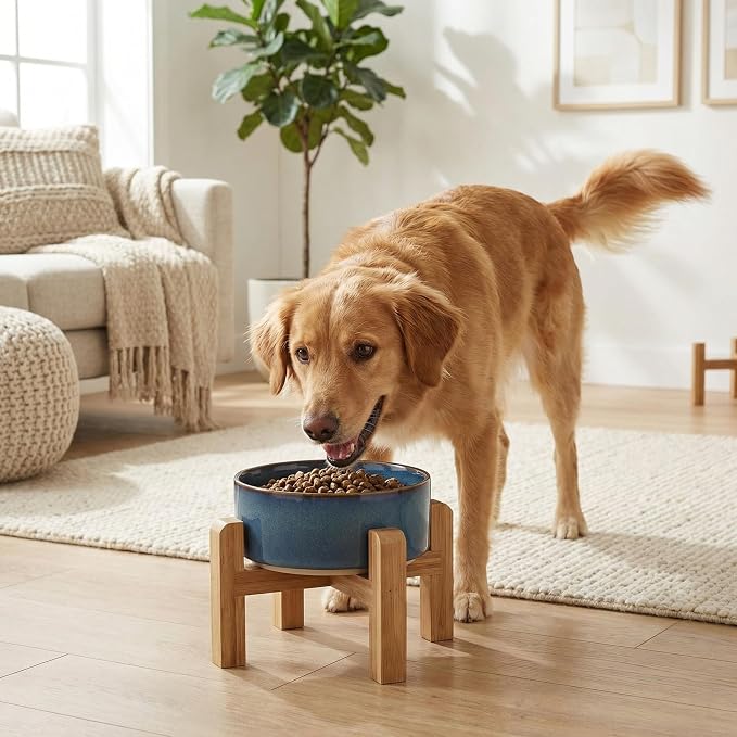 hjn Elevated Ceramic Dog Bowl with Bamboo Stand, Raised Pet Feeding Station for Small Medium Dogs Cats, Modern Design with Anti-Slip Base (Deep Blue, 3.6Cup)