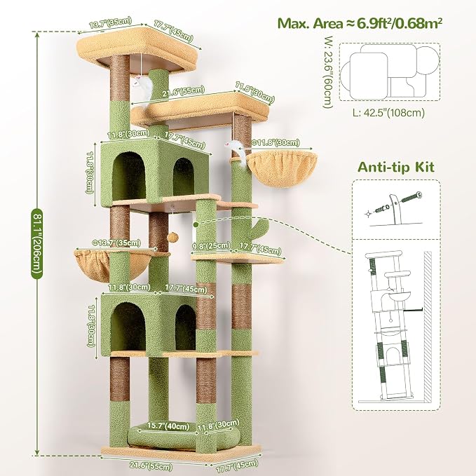 Globlazer Sturdy Extra Large Cactus Cat Tower for Indoor Cats, S81C, Green | 81 inch Heavy Duty Cat Tree for Indoor Large Adult with 8 Scratching Post, 2 Cat Condos, 2 Platform