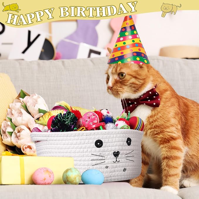 Zopeal 58 Pcs Summer Cat Storage Basket Gift Toys Set, Colorful Flashing Balls Pet Bell Crinkle Balls Spring Toys Attract Cat to Swat, Hunt, Interactive for Pet(White,9.8 Inch)
