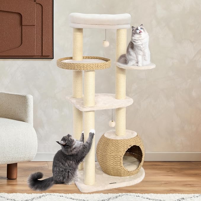 Modern Cat Tree, 53" Tall Cat Trees for Indoor Cats, Cat Condo Natural Sisal with Scratching Posts, Hand-Woven Tower & Top Perch, Cat-Tree for Kittens Climb Play & Rest
