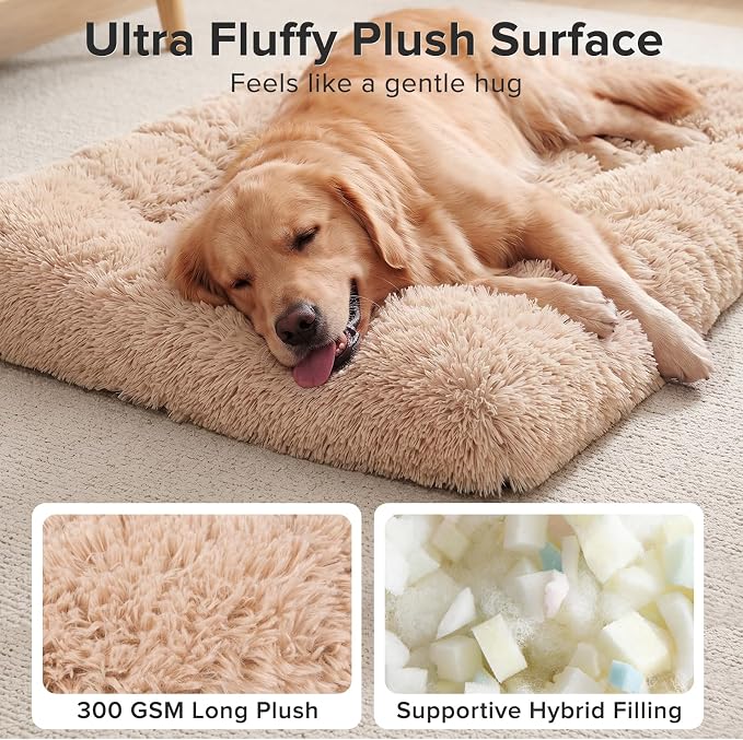JOEJOY Large Dog Bed Crate Pad, Deluxe Plush Washable Dog Beds Fulffy Soft Kennel Pad Anti-Slip Pet Sleeping Mat for Extra Large Medium Small Dogs, 47" x 29", Beige