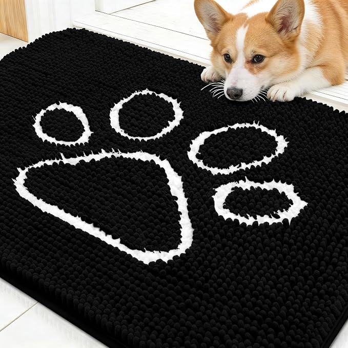 OLANLY Dog Door Mat for Muddy Paws 30x20, Paw Print Design Chenille Mud Mat | Black, Absorbent, Traps Moisture and Dirt, Non-Slip Washable Doormat, Quick-Drying Indoor Entryway Floor Carpet for Dogs
