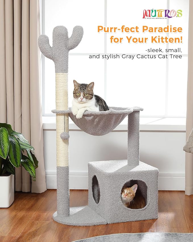 MUTTROS Cactus Cat Tree Cat Scratching Post 40" Cat Tower with Large Metal Carpet Hammock, Cat Scratching Post for Indoor Cats with Condo& Dangling Ball, Grey