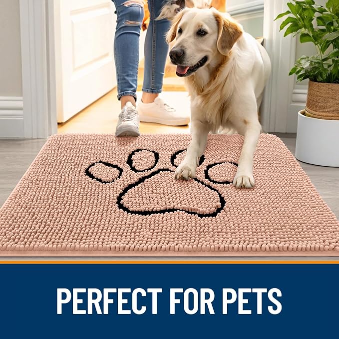 OLANLY Dog Door Mat for Muddy Paws 30x20, Paw Print Design Chenille Mud Mat | Peach, Absorbent, Traps Moisture and Dirt, Non-Slip Washable Doormat, Quick-Drying Indoor Entryway Floor Carpet for Dogs
