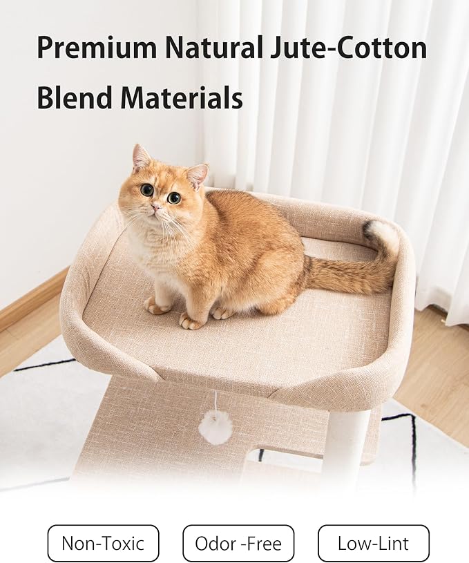 Cat Tree for Large Cats, Modern Senior Friendly Cat Tower with Wide Shelves, Cotton Scratching Posts, Super Sturdy Base, Cozy Perches, and Interactive Toys for Indoor Kittens, 37.4'' Ivory.