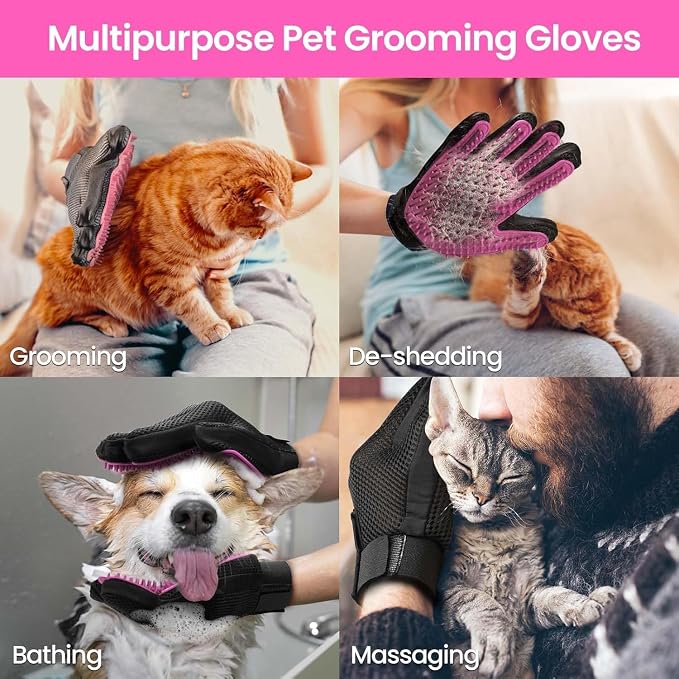 Pet Hair Removal Glove with 255 Silicone Tips for Dogs & Cats, Right Pink | 2-in-1 Deshedding & Massage Mitt, 5-Finger Flexible Design, for Bathing & Grooming, Safe for Long/Short/Curly Hair Pets