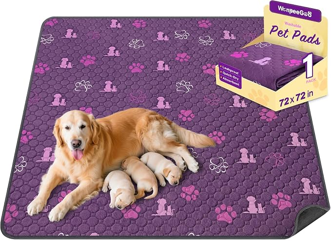 WanpeeGoo Washable Pee Pads for Dogs, Waterproof, 72 x 72 in, 1 Pack, Purp | Super Absorbent, Waterproof and Non-Slip; Washable, Reusable Dog Pads for Crates, Playpens, Floors, Furniture and Travel