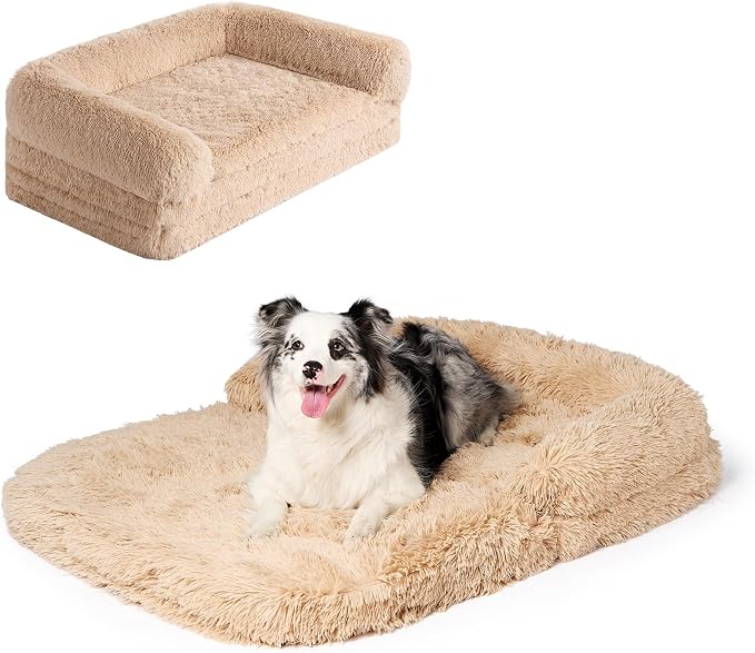EHEYCIGA Foldable XXL Dog Bed for Large Sized Dog, 54"x38"x7.5" Faux Fur Fluffy Pet Couch Bed, Orthopedic Calming Memory Foam Big Pet Bed, Washable Pet Sofa Bed with Non-Slip Bottom, Camel