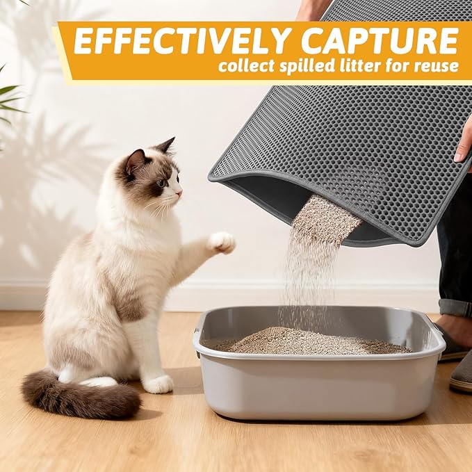 Pieviev Litter Box Mat, Double-Layer Urineproof Design, 30" x 24" Gray | Honeycomb Litter Trapping Mat Captures Scattered Particles to Stop Tracking, Waterproof Base Protects Floors, Easy to Clean