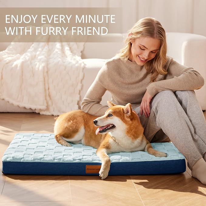 Patas Lague Orthopedic Large Dog Bed Washable Pet Crate Mat 36''X24'' Blue | Egg-Crate Foam Dog Couch For Large Sized Dogs, Waterproof Removable Cover, Soft Pet Bed With Nonskid Bottom