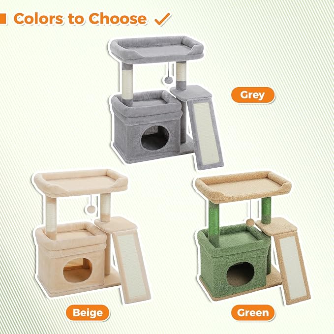 PEQULTI Cat Tree for Small Medium Cats, Green Cat Tower for Indoor Cats | Private cozy cat condo,soft top perch, natural sisal scratching posts & plush pom-pom toy