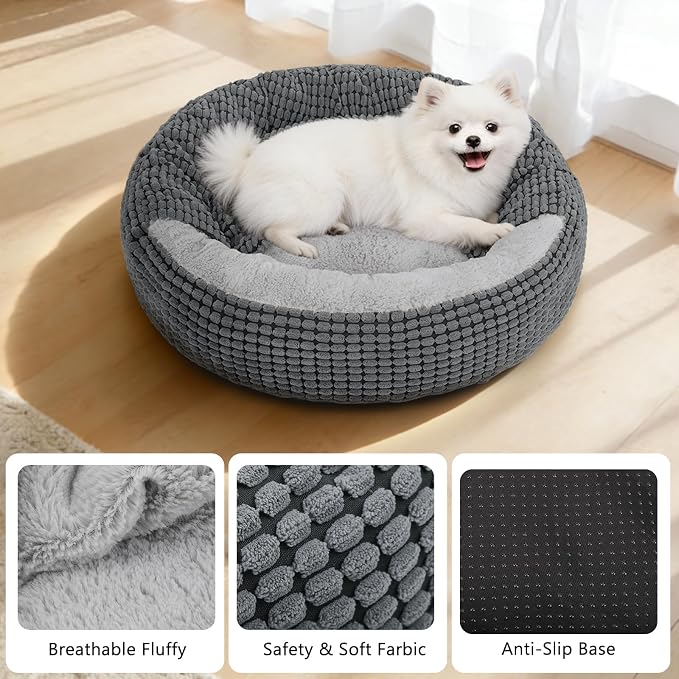 Small Dog Bed with Attached Blanket, Cozy Donut Cuddler Anti-Anxiety Hooded Pet Beds Calming Cave Bed. Orthopedic Round Puppy Beds for Dogs or Cats Washable, Anti-Slip Bottom, 23inch