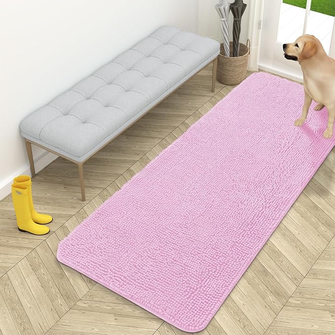 OLANLY Dog Door Mat for Muddy Paws 59x24, Super Absorbent Chenille Mud Mat | Pink, Absorbs Moisture and Dirt, Non-Slip Machine Washable Doormat, Quick-Drying Indoor Entryway Floor Carpet for Dogs