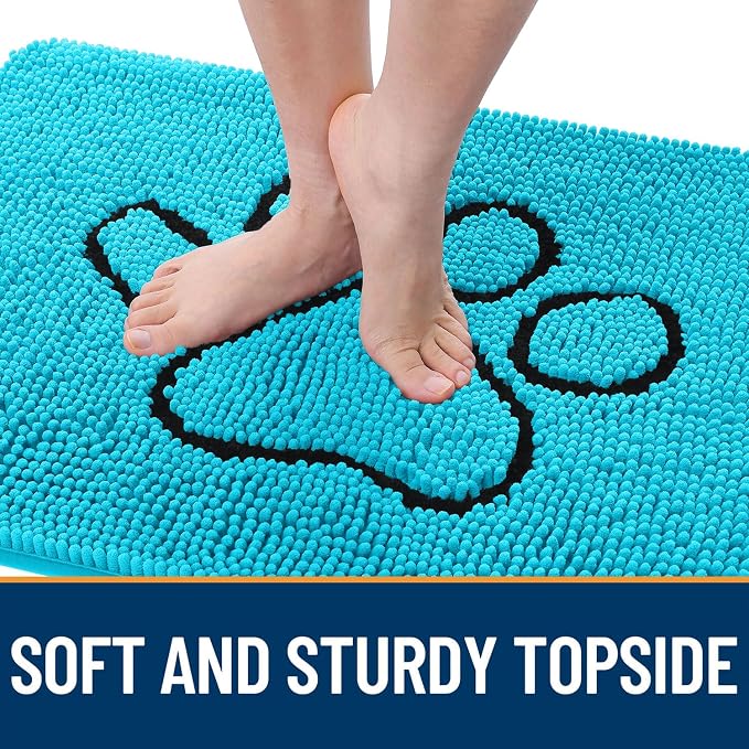 OLANLY Dog Door Mat for Muddy Paws 36x24, Paw Print Design Chenille Mud Mat | Aqua Blue, Absorbent, Traps Moisture and Dirt, Non-Slip Washable Doormat, Quick-Drying Indoor Entryway Floor Carpet for Dogs