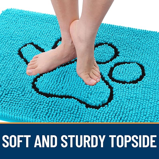 OLANLY Dog Door Mat for Muddy Paws 30x20, Paw Print Design Chenille Mud Mat | Aqua Blue, Absorbent, Traps Moisture and Dirt, Non-Slip Washable Doormat, Quick-Drying Indoor Entryway Floor Carpet for Dogs