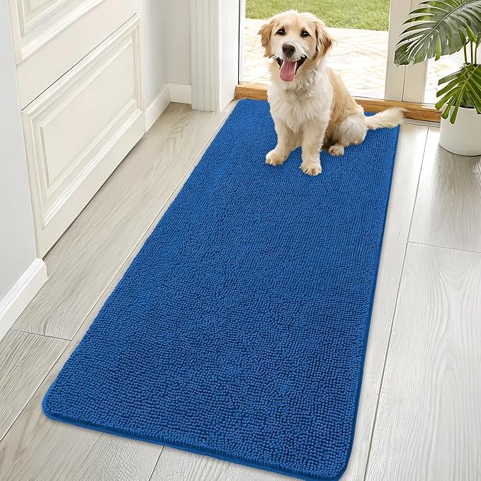 OLANLY Dog Door Mat for Muddy Paws 70x35, Super Absorbent Chenille Mud Mat | Deep Navy Blue, Absorbs Moisture and Dirt, Non-Slip Machine Washable Doormat, Quick-Dry Indoor Entryway Floor Carpet for Dogs