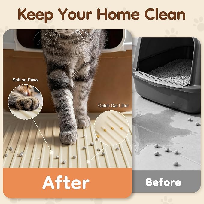 ISSEVE XXL Cat Litter Mat, Extra Large Silicone Litter Box Mat, Beige | 54" x 27.5" XXL, 1.38" Raised Edge, Urine Proof, Litter Trapping Mat for Scatter Control, Soft on Kitty Paws, Protect Floor