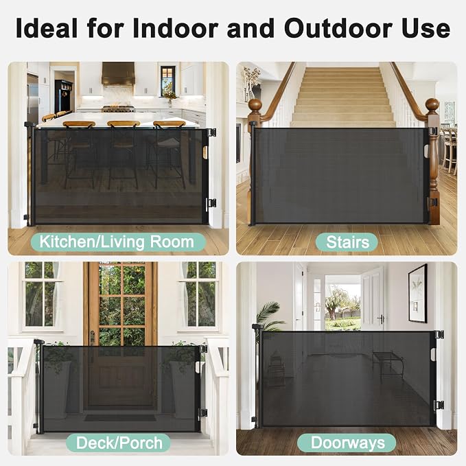 Retractable Baby Gates for Doorways & Stairs, Mesh Retractable Dog Gate for Indoor&Outdoor Use, 33" Tall Expands Up to 60" Width, No Bottom Bar Child Safety Gates for Stairs, Doorways, Hallways, Decks