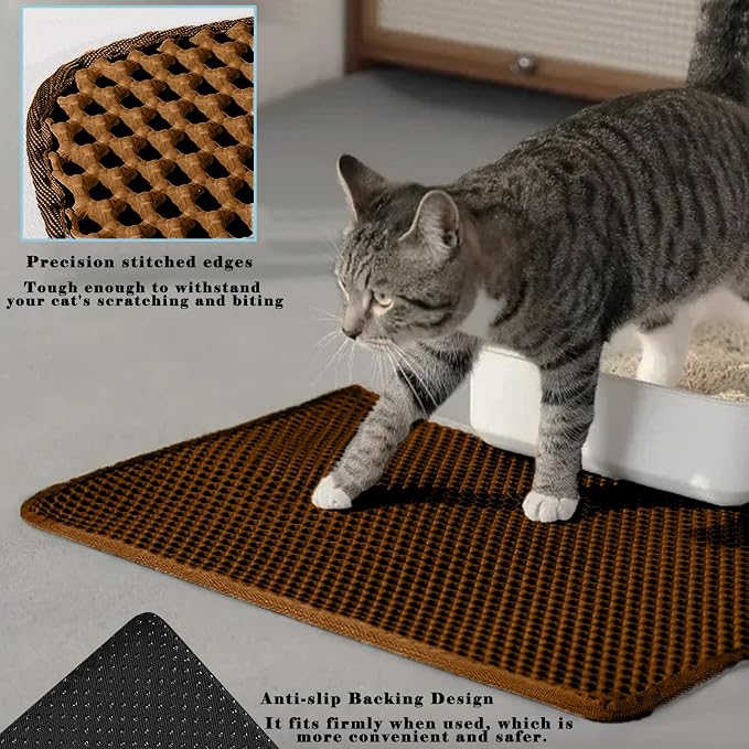 HCY&WLD Cat Litter Mat, Double Layer Cat Litter Box Mat (24x18 Inch, Brown) | Waterproof Urine-Proof Non-Slip Litter Trapping Mat, Soft on Kitty Paws, Scratch-Resistant, Scatter Control, Easy to Clean